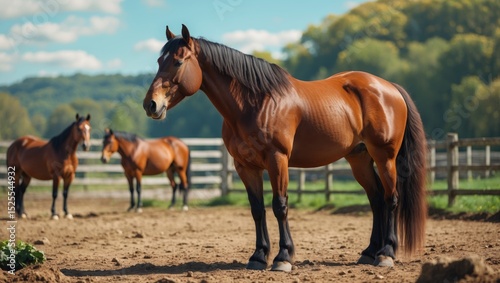 A group of horses standing in a field with a fence, trees, and blue sky in the background.