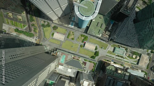 sunny day singapore city downtown famous square topdown traffic street view aerial panorama 4k 