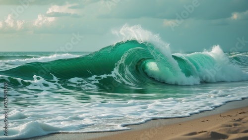 Vibrant ocean wave with seafoam breaking on a sandy beach under cloudy skies. Nature and water dynamics, ocean environment, coastal scenery. The power of surf and sea waves.