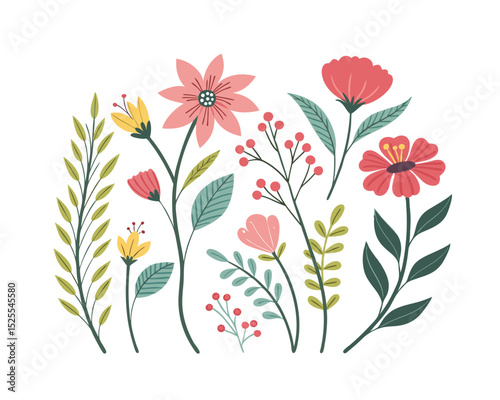 Vector collection of vibrant springtime flower elements. Display wildflower, leaf, and foliage flowers on a white background.