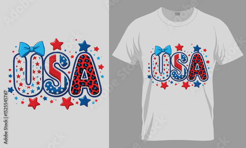 Colorful USA Lettering with Stars, Leopard Print, and Blue Bow – Patriotic Sublimation Design