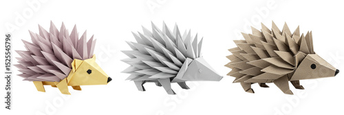 Origami hedgehogs lined up crafted with care and precision in pink silver and brown against black