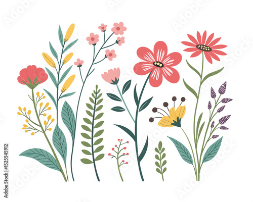 Vector collection of vibrant springtime flower elements. Display wildflower, leaf, and foliage flowers on a white background.