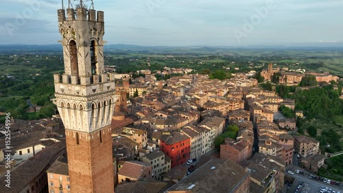 aerial view of Siena town in Tuscany, Italy, Torre del Mangia and Piazza del Campo in Siena, travel in Italian region of Tuscany