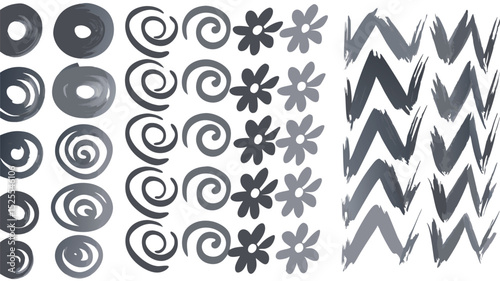 Hand drawn gray scale pattern with circles spirals flowers and zigzags in a repeating arrangement