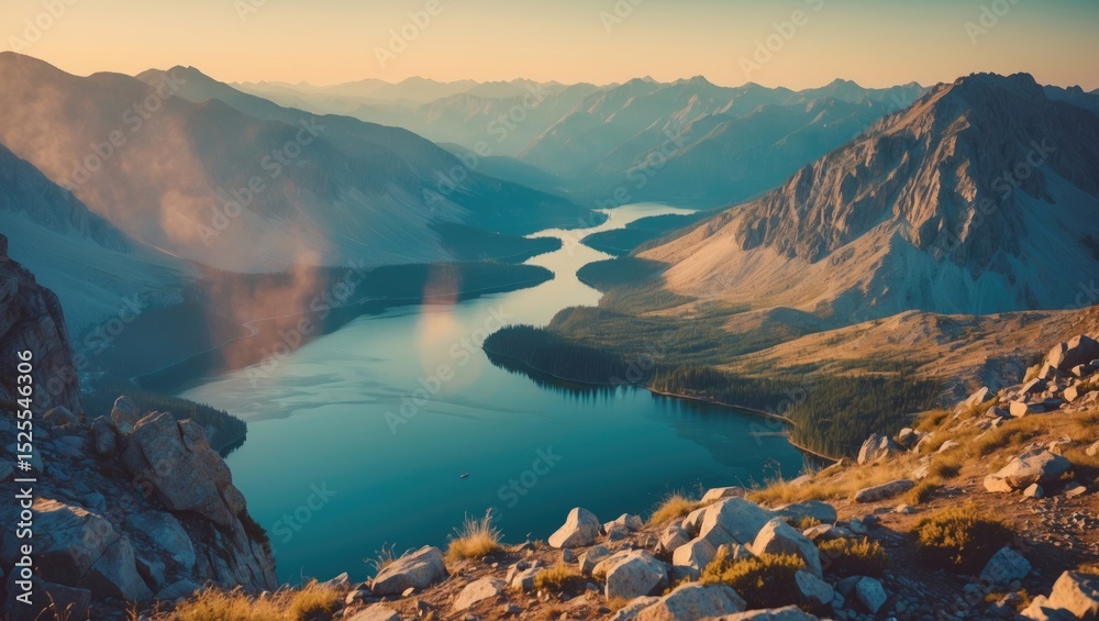 Obraz premium A mountain landscape featuring a river or lake surrounded by rugged peaks and grassy areas, captured during sunset or sunrise.