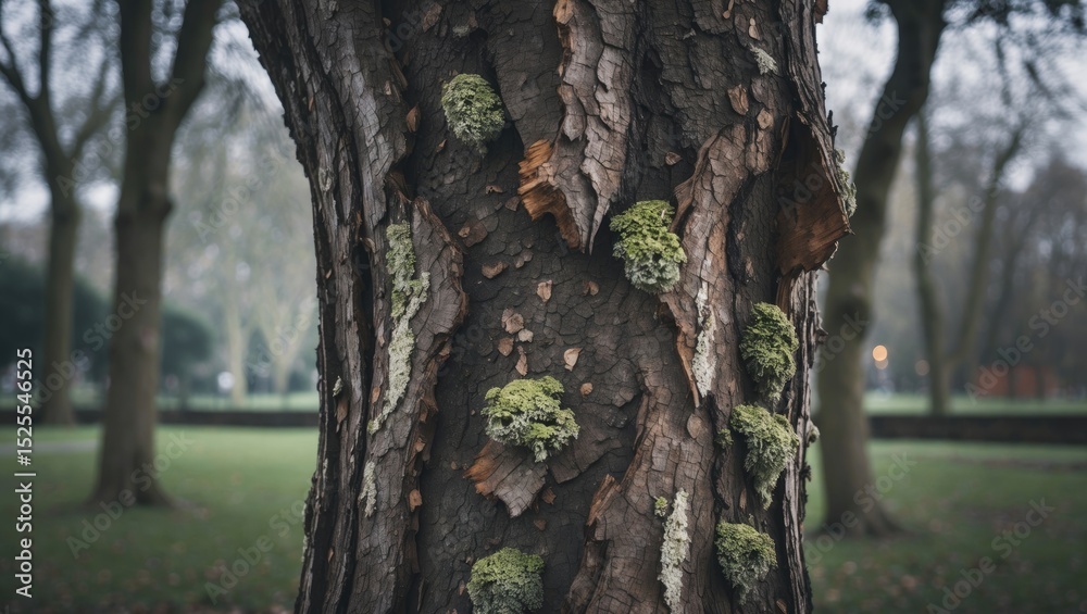 Obraz premium Tree trunk close-up with moss growth, in a park setting, surrounded by other trees and a grassy area.