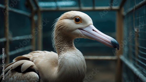 A close-up of a bird with a long beak in an enclosure, featuring metal bars and a shaded background. Animal and wildlife, nature photography. Zoo and captivity concept.