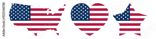 USA flag celebration holidays sign icon set. Flag, map, heart, star.