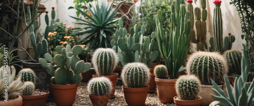 Collection of potted cacti and succulents in a garden setting. Desert plants and horticulture. Greenery and natural environment display. photo