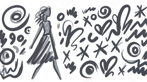 Stylized sketch of a woman in a dress surrounded by abstract shapes and brushstroke elements art piece
