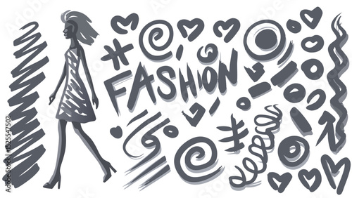 Stylized fashion illustration featuring a model and abstract design elements in a monochrome palette
