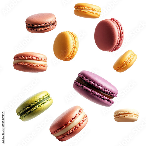 Wallpaper Mural Colorful macarons float in midair against a bright white backdrop creating a delightful visual treat, colorful macarons floating on the airisolated Transparent background Torontodigital.ca