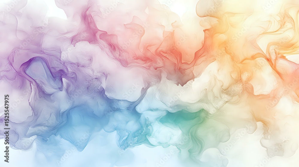 Fototapeta premium Ethereal watercolor smoke effect in pastel rainbow colors flowing across white background, creating dreamy abstract art pattern for creative design projects.