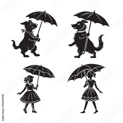 silhouette of 4 list deferent type umbrella bundle  on the white background 