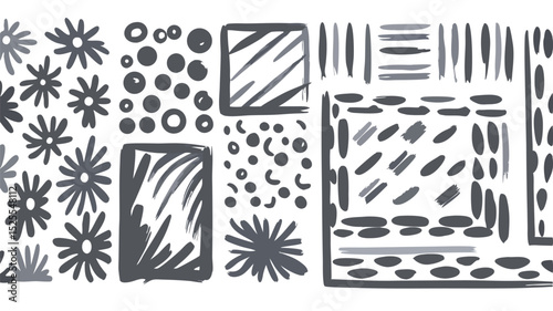 Various abstract shapes including flowers circles squares and lines in grayscale arrangement design style