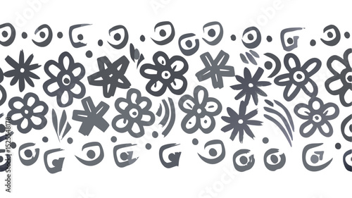 Artistic floral pattern featuring hand drawn flowers and abstract shapes in a decorative arrangement