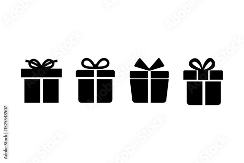 Black Gift Box Icons Set – Minimalist Present Symbol Collection with Ribbon