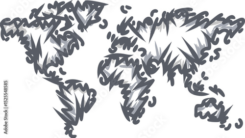 Abstract world map illustration with jagged edges and dark gray color on a white background design art