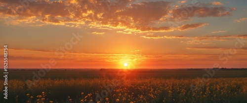 Sunset over a field with the sun near the horizon, colorful clouds, and a warm glow in the sky. photo