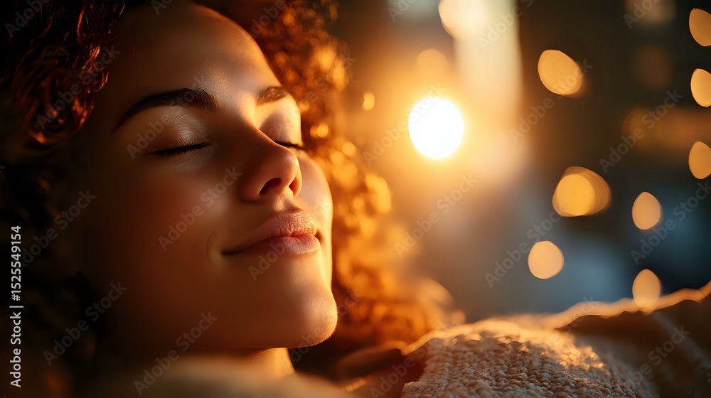 Fototapeta premium Young African American woman with curly hair relaxing with eyes closed in warm evening light, expressing serenity and peace against blurred bokeh background.