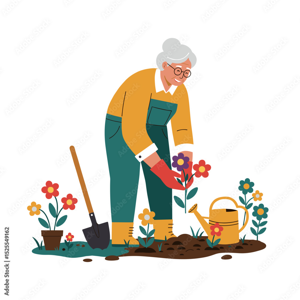Fototapeta premium Active elderly gardening while planting flowers in the yard 