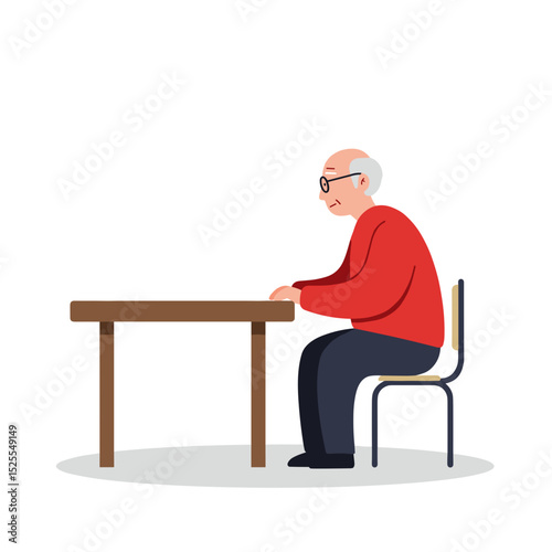 Elderly man sitting quietly at empty table in a simple room  