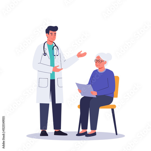 Doctor explaining to elderly woman while sitting in a clinic room  