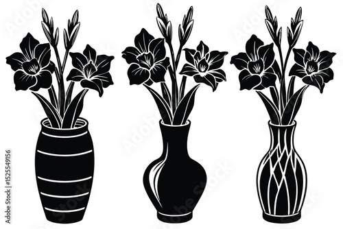 Elegant Black and White Gladiolus Flower Vase Illustrations Three Unique Designs