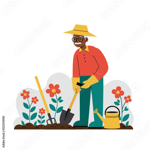 Active elderly gardening with shovel and watering can among flowers  