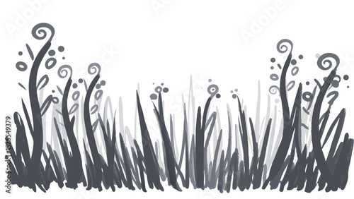 Illustration of a monochromatic field with tall grass and whimsical floral accents with swirls and dots