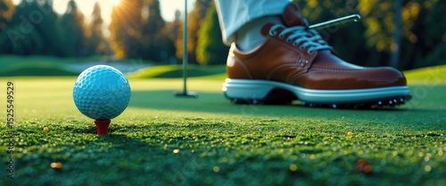 Close-up of a golf ball on a tee near a golfer's shoe on a putting green during sunset. photo