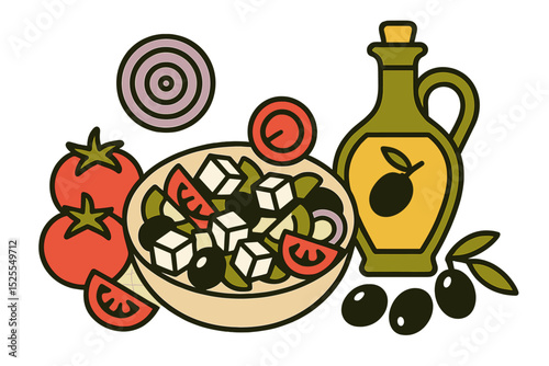 Mediterranean cuisine is highlighted in a 3D rendering of a Greek salad, featuring an assortment of fresh vegetables, including tomatoes, onion, and olives, accompanied by a bottle of olive oil, all
