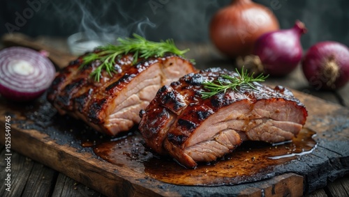 Slices of grilled meat with herbs on a wooden board, with onions in the background. Food, meat, and ingredients. The concept of delicious cooked meat. photo