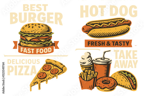 American fast food is advertised on posters with sketches of takeaway items like burgers, hot dogs, pizzas, and sodas, accompanied by snacks such as French fries, donuts, ice cream, or tacos on a