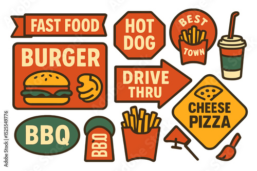 A vector set featuring retro-style typographic design elements, such as fast food and street signs and symbols, is available for decorating restaurant menus