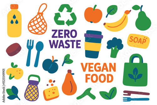 Eco-friendly items and products are showcased in a vector flat illustration of a seamless pattern, featuring Colorful Zero Waste durable and reusable goods and vegan food