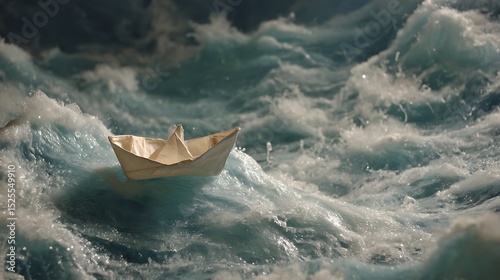 A miniature paper boat, crafted from fragile paper, valiantly navigates the turbulent waters of a raging sea, its fate hanging precariously in the balance of the storm. .