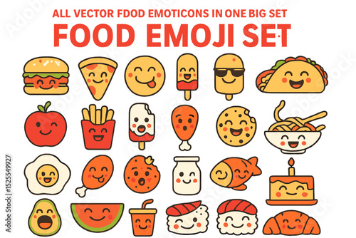 The Food Emoji Set is a comprehensive collection of vector food emoticons all in one big set