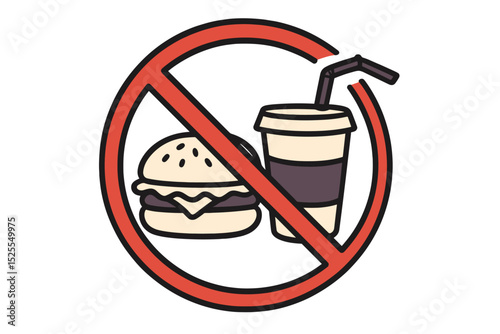 A hand-drawn doodle of a vector sign indicating a no eating or drinking area, set against a plain white background
