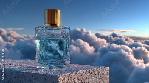 Perfume spray bottle on podium with clouds in sky mock up banner. Glass flask mockup on blue heaven background. Scent fragrance cosmetic product promotion advertising, Realistic 3d vector illustration