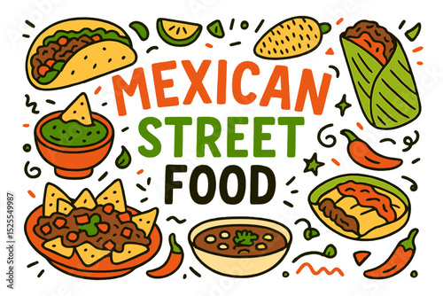 An illustration of Mexican street food includes hand drawn lettering and elements of different Mexican dishes
