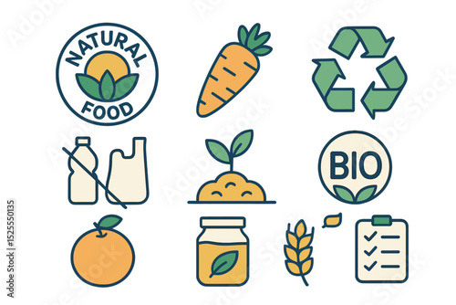Flat line icons for natural food, designed as thin signs for packaging purposes