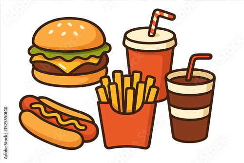 Fast food consists of a set including hot dogs, burgers, cola, French fries, and drinks