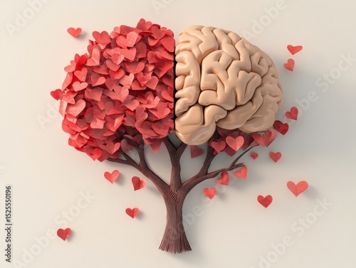 Concept of brain and heart in unity, symbolizing the balance of mental and emotional health. Illustration with red leaves and hearts.