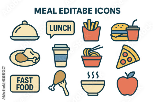 The Meal Editable Icons set comprises vector illustrations in a modern thin line style, including icons for dishes, lunches, fast food, and more, as well as pictograms and infographics designed for