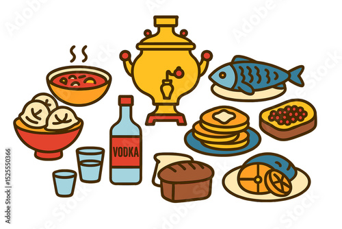Traditional Russian dishes, including dumplings, soup, fish, bread topped with black or red caviar, pancakes, samovar, vodka, and other items, are showcased in a vector illustration set with a flat