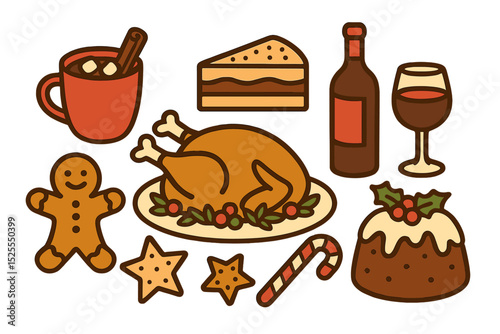 This editable vector illustration features a collection of seasonal food, suitable for use during Merry Christmas, Happy New Year, and other holiday periods, on invitations and greeting cards