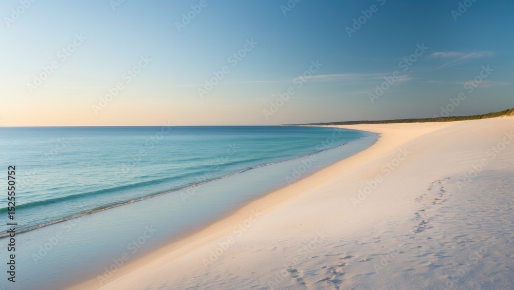 Obraz premium A peaceful beach with white sand and calm ocean waters during sunset or sunrise.