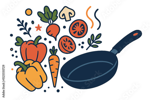A cooking concept vector illustration is depicted through fresh ingredients, a frying pan, a food preparation sketch, vegetables, and spices